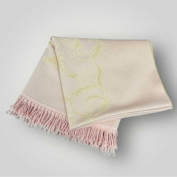 Yves Delorme Paris Wool Throw Blanket Blush Pink Luxury Baroque Pattern & Fringe - Picture 5 of 5